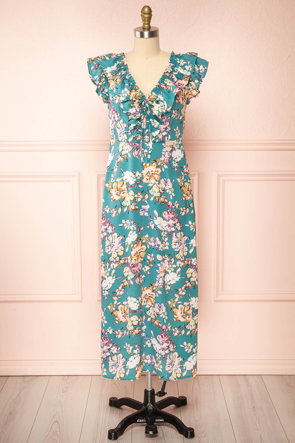 Nicole Teal Floral Midi Dress w ...